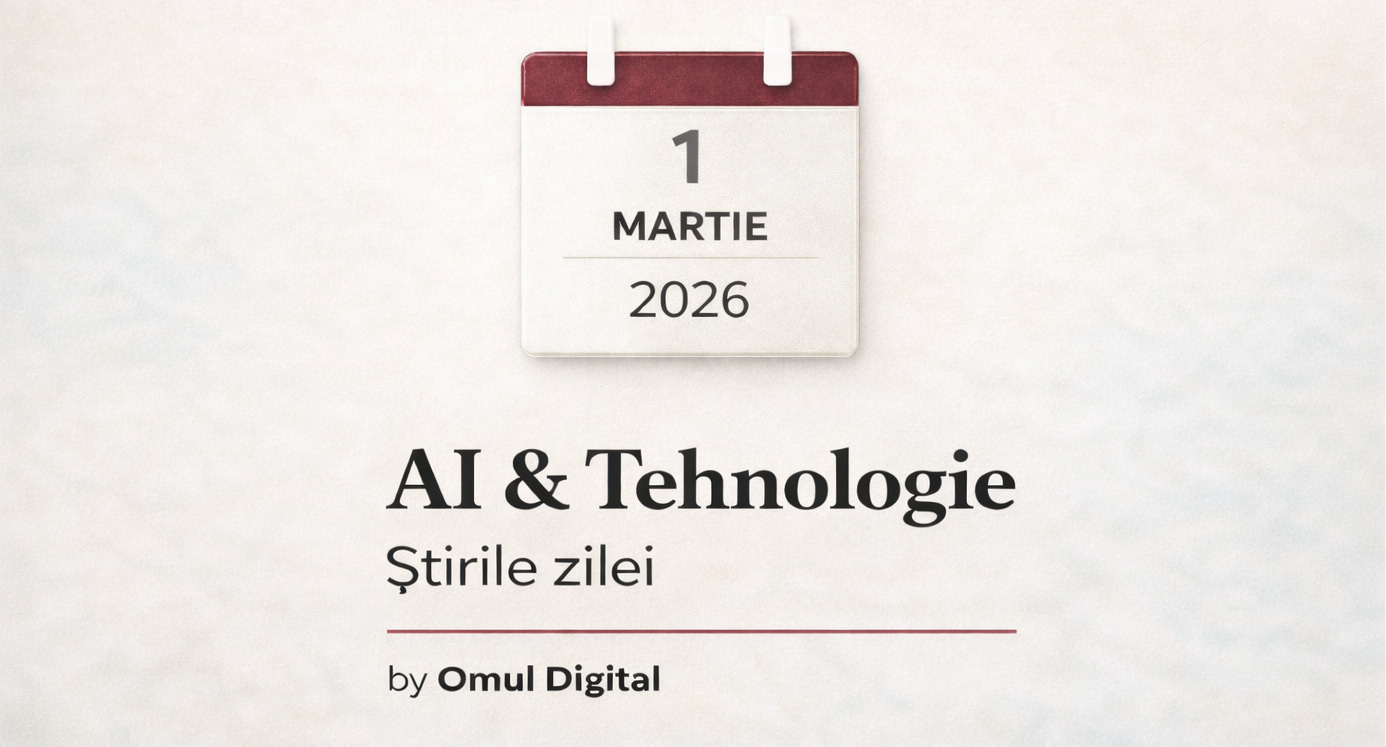 Banner editorial pentru rubrica AI & Tehnologie – Știrile zilei, cu un calendar minimalist ce afișează data curentă și branding Omul Digital, pe fundal deschis, curat. Banner editorial pentru rubrica AI & Tehnologie – Știrile zilei, cu un calendar minimalist ce afișează data curentă și branding Omul Digital, pe fundal deschis, curat.