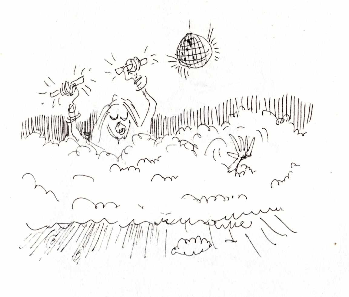 Ink drawing of a girl dancing with glowsticks in foam while a hand reaches from within.