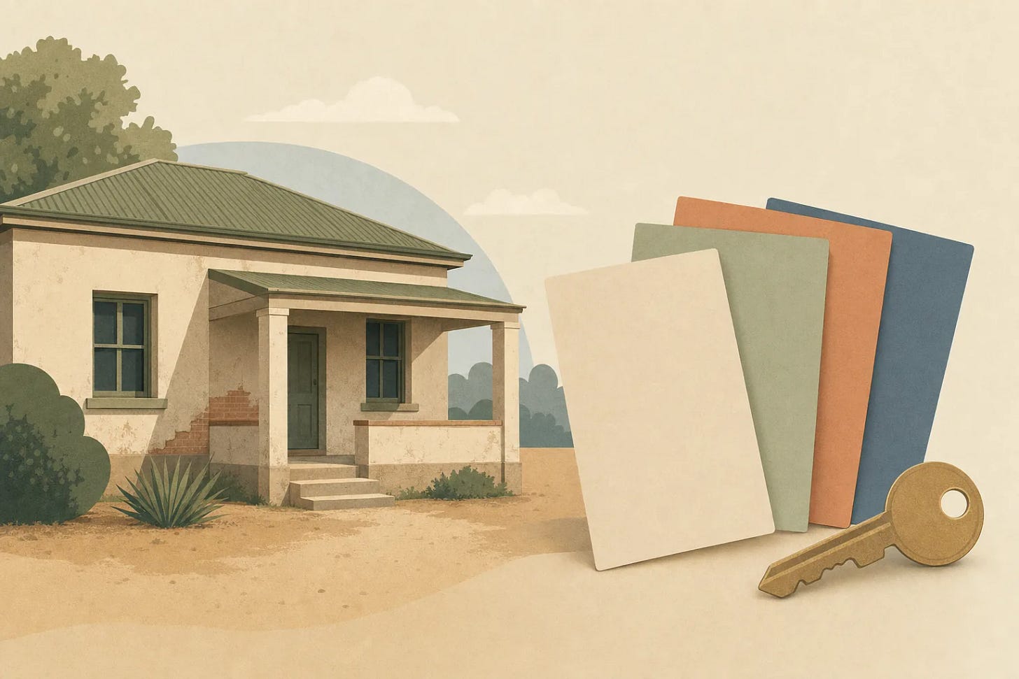 A flat illustration of a modest older house with a dry yard, beside four fanned plain document cards and a brass key A flat illustration of a modest older house with a dry yard, beside four fanned plain document cards and a brass key