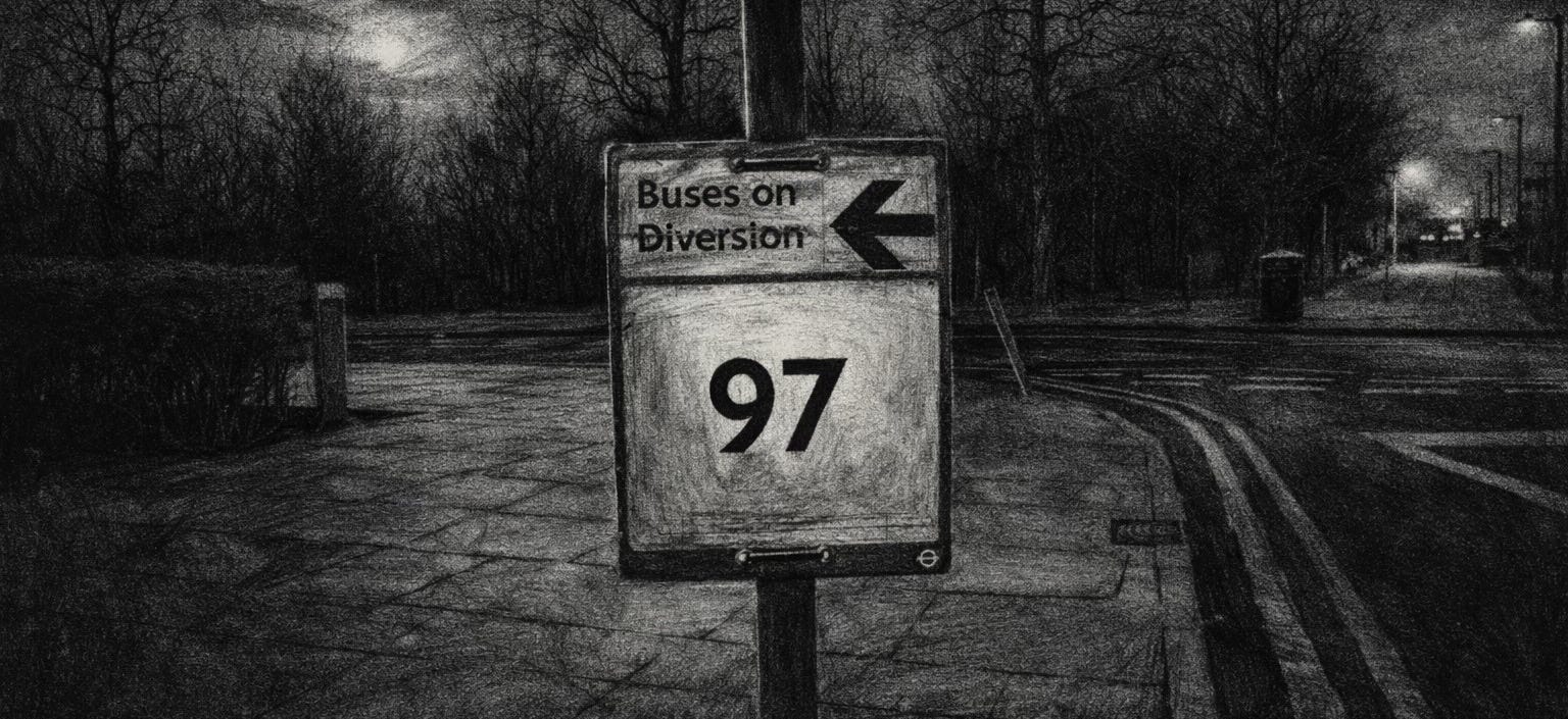 Stylised photo showing a TFL "Buses on Diversion" directional sign for route 97.