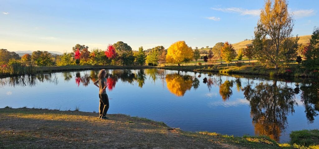 Person standing by peaceful lake with autumn trees reflecting in calm water Person standing by peaceful lake with autumn trees reflecting in calm water