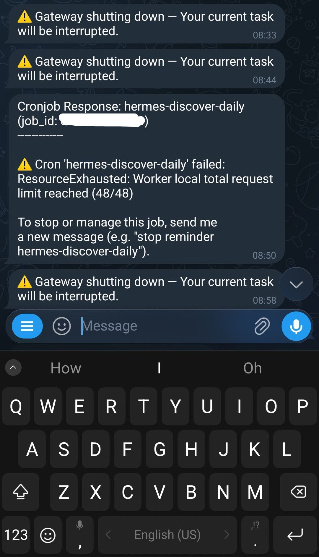 Telegram screenshot: Hermes cron job failed with “model provider failed after retries” when NVIDIA free-tier quota was exhausted.