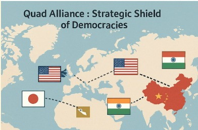 A global map with the flags of the US, India, Japan, and Australia linked by dotted lines, symbolizing the QUAD coalition’s geopolitical coordination against China's rise.
