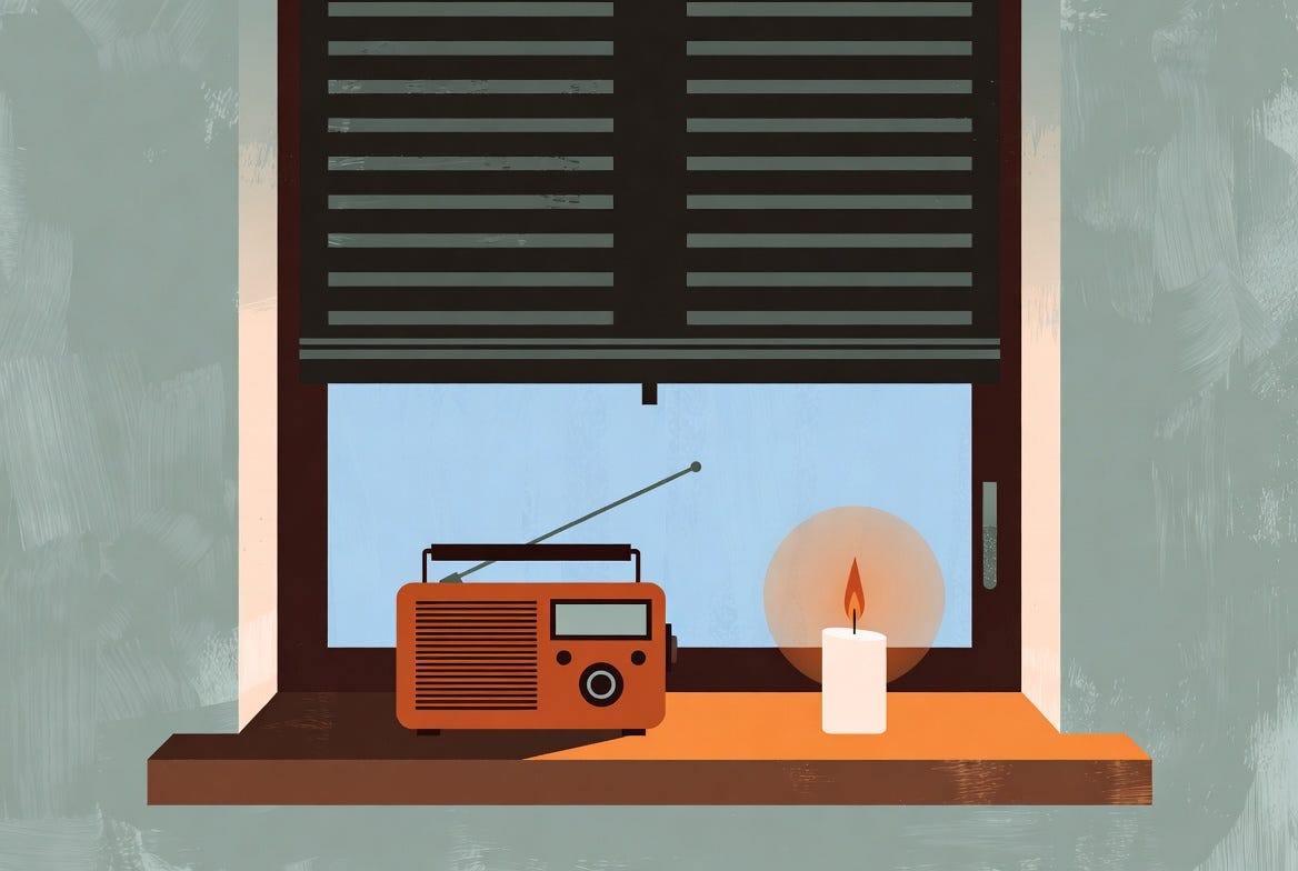 Radio on windowsill with candle Radio on windowsill with candle