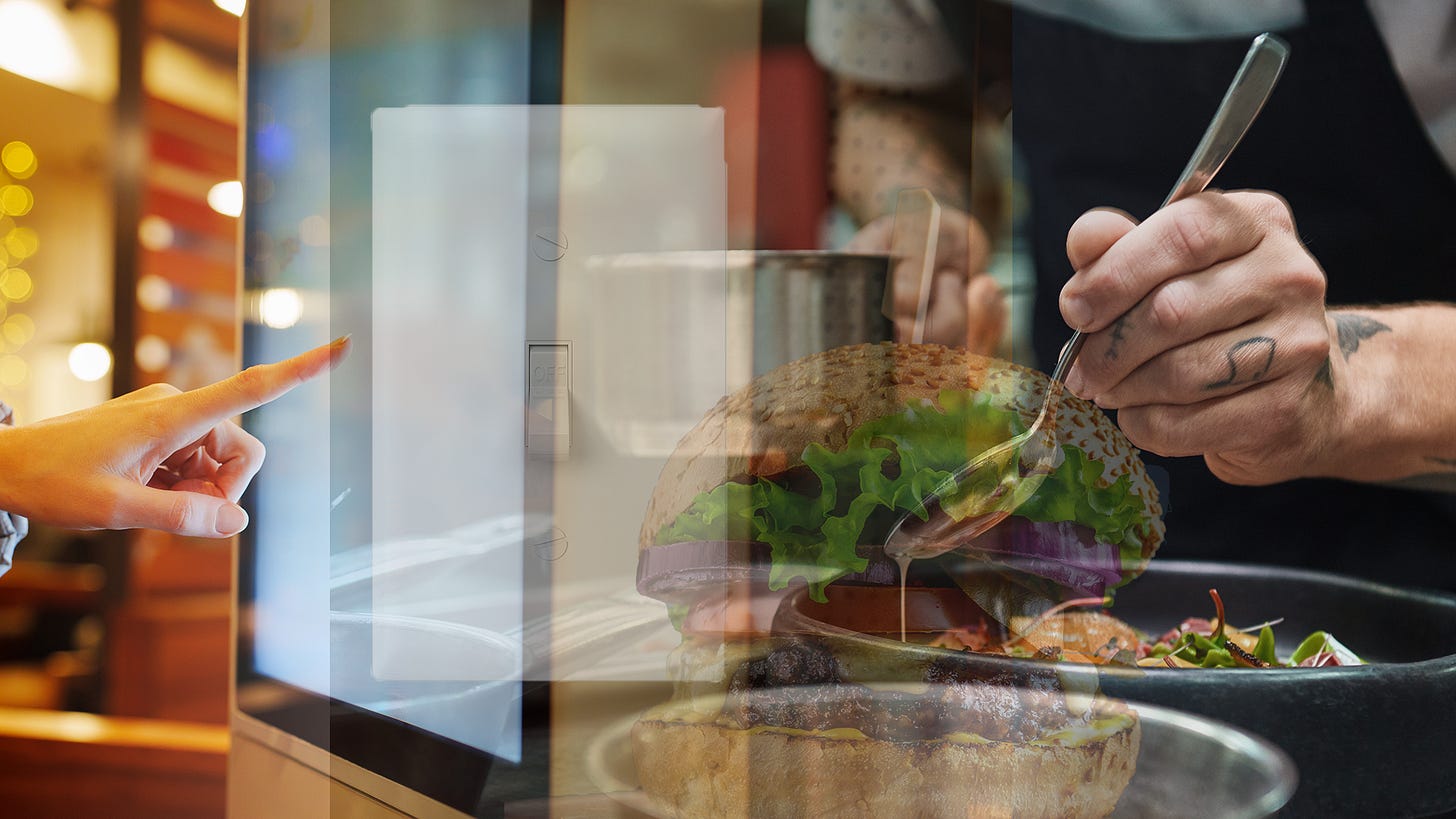 A collage of several images, including a finger reaching out to a large touch screen, a traditional light switch, a chef seasoning a dish, and a large cheeseburger.