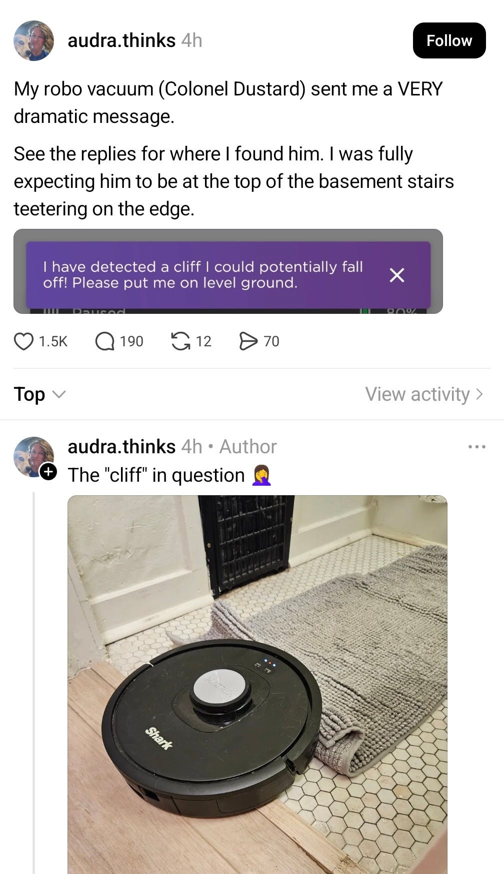 Screenshot of a Threads post describing Colonel Dustard the drama queen robovacuum thinking it was on a cliff when in reality it was caught on an area rug.