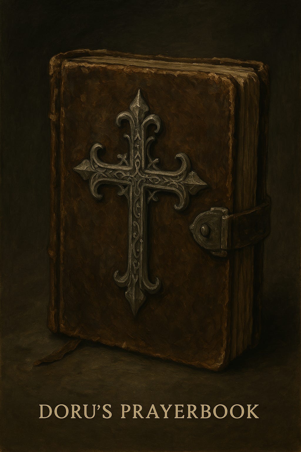 Doru's prayerbook from Curse of Strahd, an ancient tome with worn leather binding, intricate gothic designs, and faintly glowing runes on its cover. The pages are aged and filled with cryptic prayers and sketches of celestial and infernal beings.