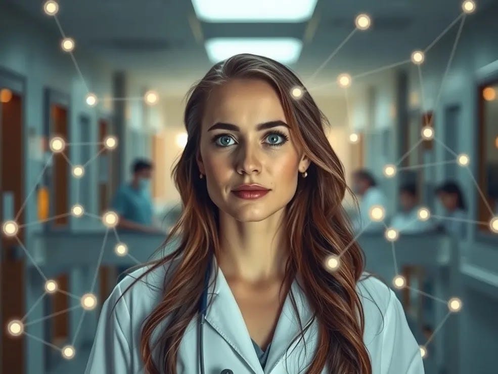 An abstract digital illustration showing interconnected nodes (representing patients, doctors, hospitals, researchers) forming a secure, glowing network, with faint blockchain links visible in the background, symbolizing decentralized data flow in medical technology.