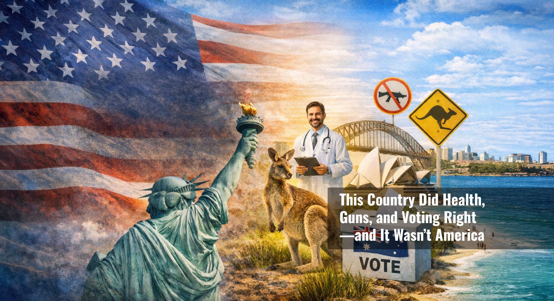 A split-screen digital artwork. On the left, the Statue of Liberty stands against a U.S. flag with the bold text: "America Thinks It's the Smartest in the Room." On the right, Australia is shown with Sydney landmarks, a kangaroo, a smiling doctor, a ballot box with the Australian flag, and road signs banning guns and showing kangaroo crossings—highlighting Australia’s healthcare, voting, and safety systems.
