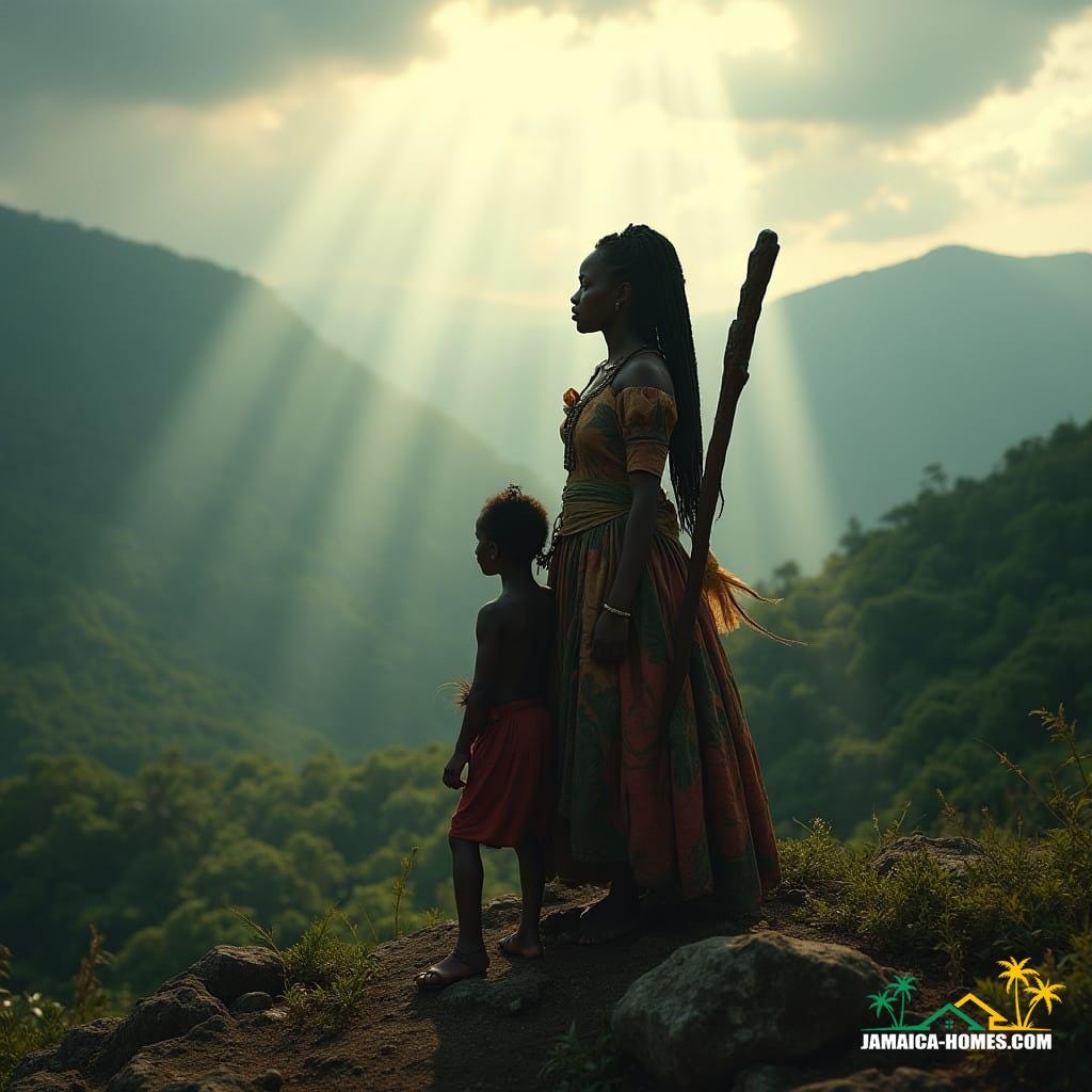 Powerful Jamaican woman in 18th century Maroon attire, standing on a mountain ridge with a child at her side, tropical forest in the background, holding a staff, sunlight breaking through clouds, sense of strength and protection, cinematic lighting, detailed textures.
