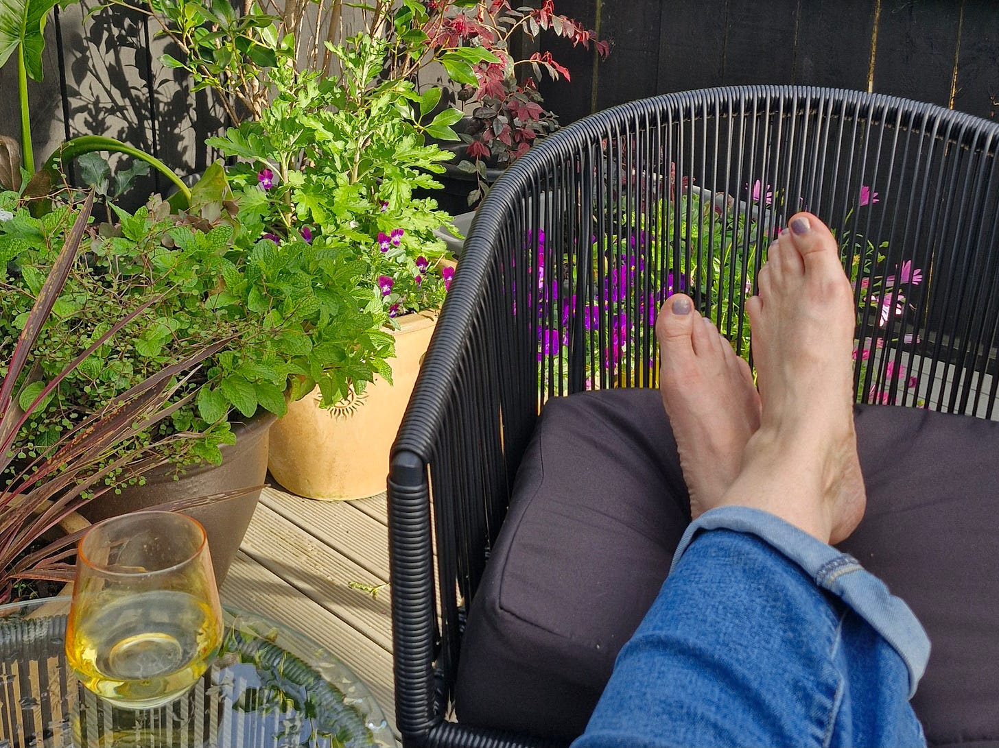 photo of feet up on a chair, outdoors on a deck, with pots of blooming plants