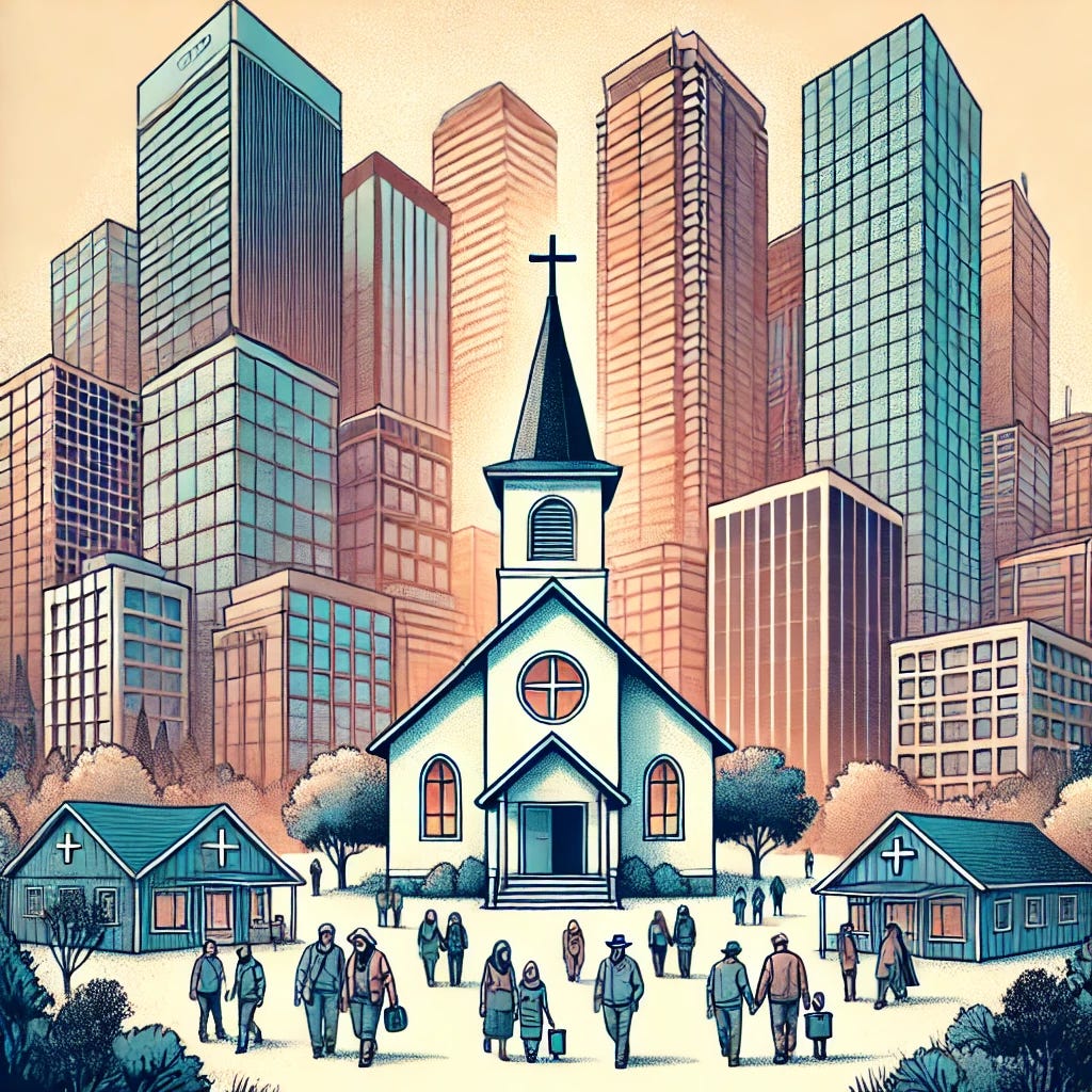 An illustration symbolizing the challenges of church planting in urban areas like Denver. The image features a small church surrounded by towering modern buildings, representing the cultural and financial challenges of starting a church in a metropolitan area. The setting shows a diverse group of people in the foreground, some walking toward the church and others moving away, symbolizing transient populations and cultural dynamics. The atmosphere is hopeful yet reflective, with a focus on community and perseverance.