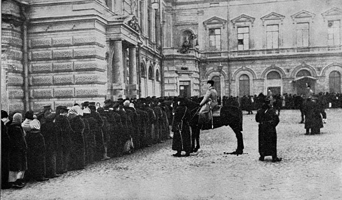 A Russian Bread Line Guarded by the Imperial Police - Blood Stained Russia  - pictures from a 1918 book by Captain Donald C. Thompson