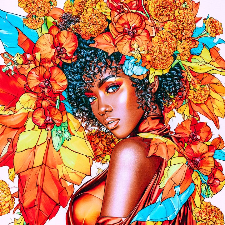 A beautiful black woman surrounded by orange flowers in different art styles.