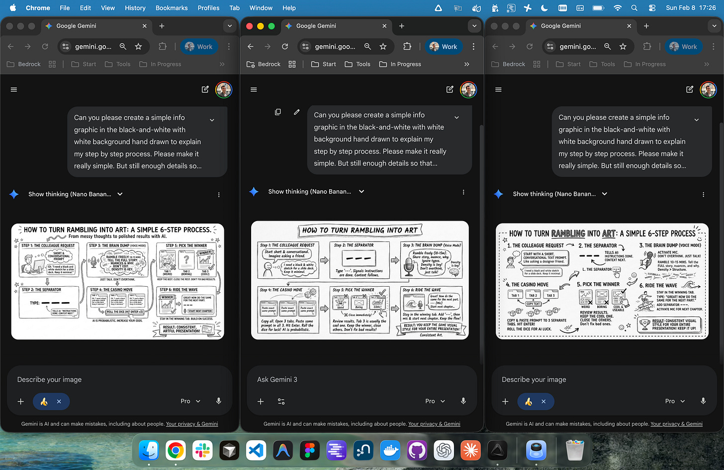 Screenshot of three browser windows side-by-side running the exact same Gemini prompt to compare the different output variations.