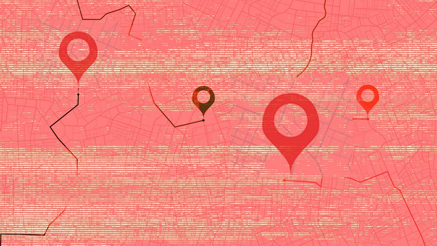 A stylized map showing three location markers in various colors on a textured pink background.
