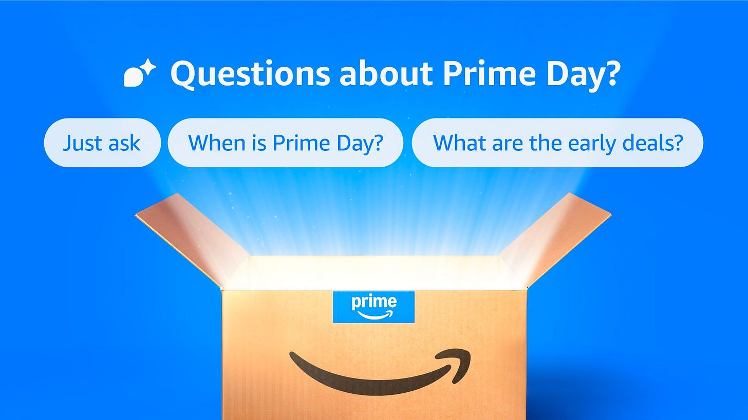 Amazon Prime Day promotion with FAQ buttons and glowing box