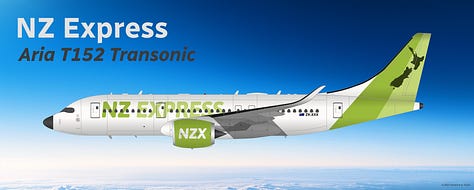 The six Aria Aircraft types added to the NZ Express fleet 2023-2026: (1) Aria T42 Transonic, (2) Aria T72 Transonic, (3) Aria T102 Transonic, (4) Aria V42hqc Hybrid V/STOL, (5) Aria T152 Transonic, and (6) Aria T182 Transonic - all seen in the current NZ Express "Kiwi" livery and displayed in side view while in midflight.