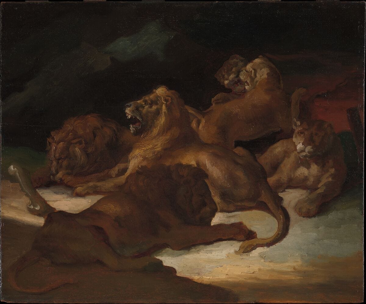 Lions in a Mountainous Landscape, Théodore Géricault (French, Rouen 1791–1824 Paris), Oil on wood