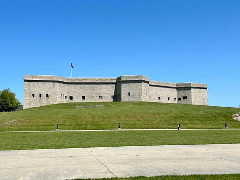 rocks, water, sky, grass, fort, building