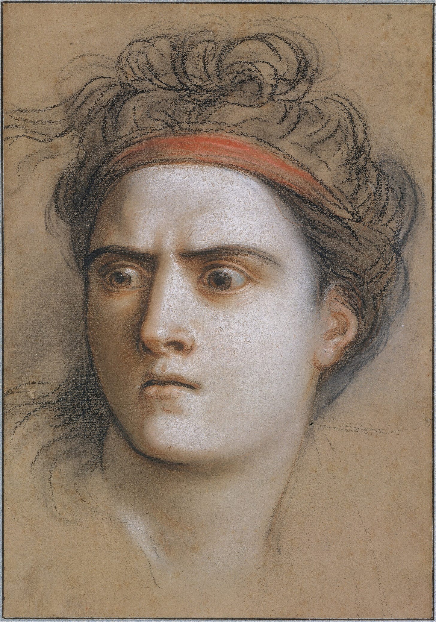 A pastel study on brown paper of a furious woman riding through dark clouds in a dragon chariot, the reins in one hand and a dagger in the other. A pastel study on brown paper of a furious woman riding through dark clouds in a dragon chariot, the reins in one hand and a dagger in the other.