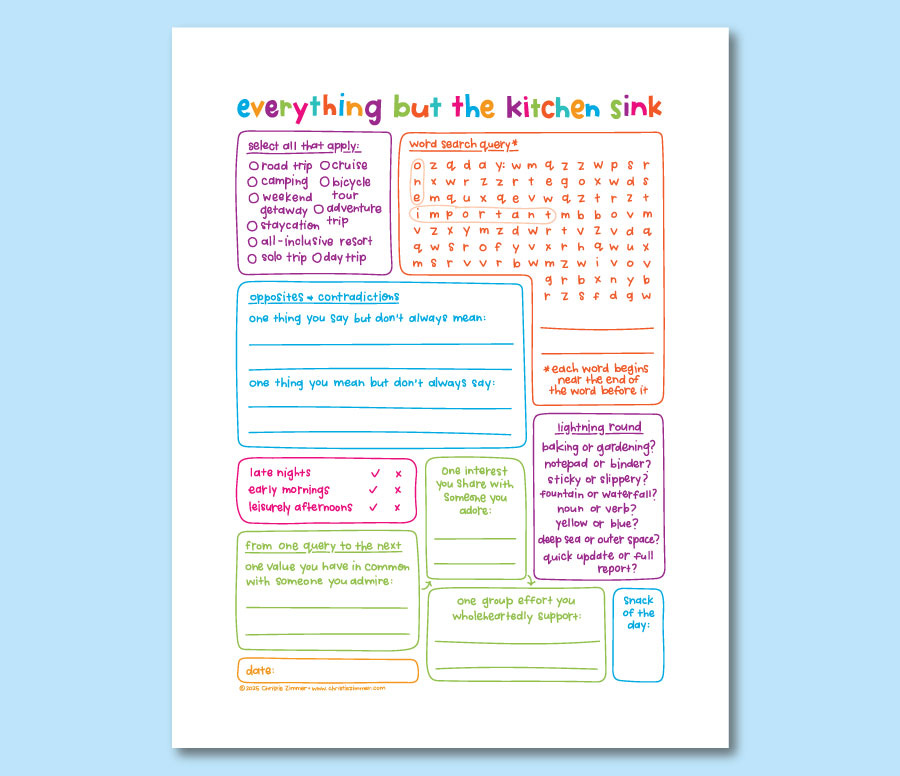 Full size view of my new journal page titled Everything But the Kitchen Sink. It's filled with colourful, hand-lettered journal prompts and writing spaces.
