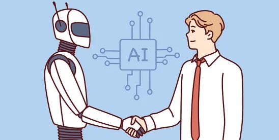 Human professional shaking hands with an AI robot, symbolizing collaboration between human expertise and artificial intelligence. Human professional shaking hands with an AI robot, symbolizing collaboration between human expertise and artificial intelligence.