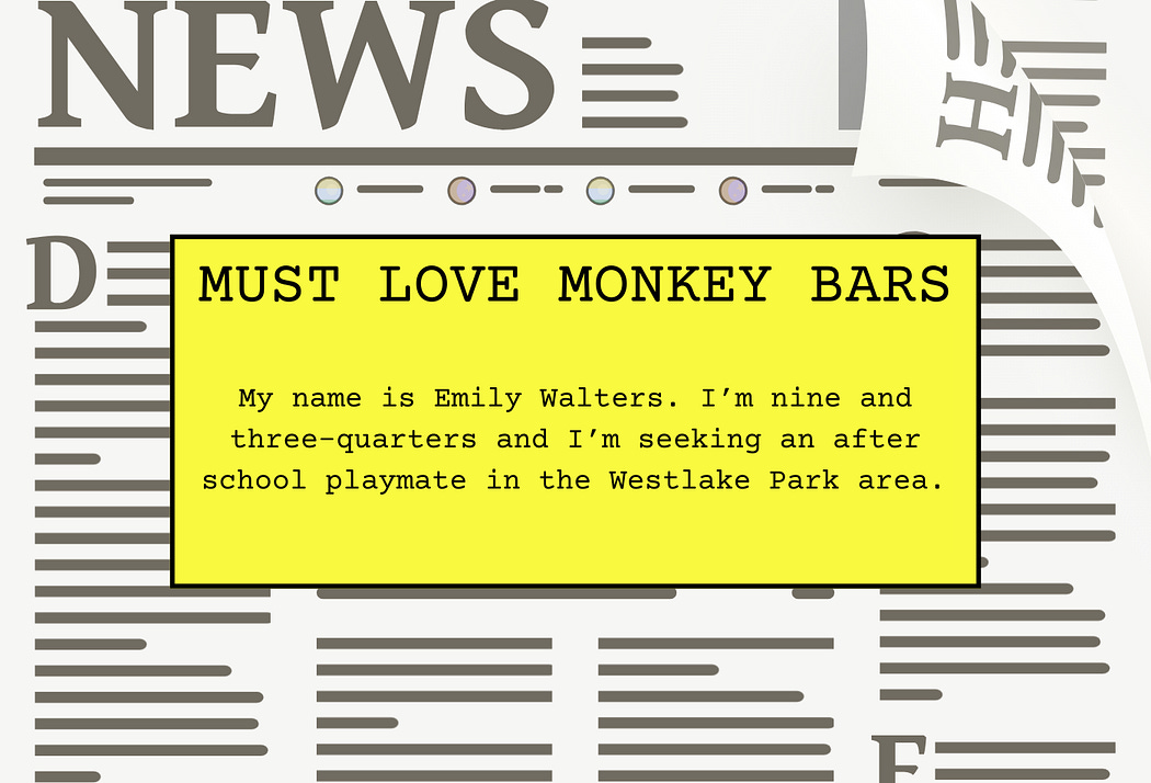 Image displays a newspaper with a personal ad in yellow that says “Must love monkey bars”