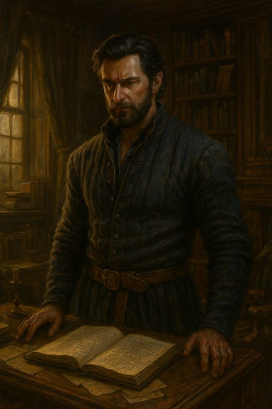 Fleetwood, visually inspired by Richard Armitage, stands in his father's study—a room steeped in memory and quiet judgment. The walls are lined with dark wood shelves filled with old tomes and maps, and a fireplace casts flickering light across the room. Fleetwood wears worn armor, his posture tense but resolute. Before him on the desk lies an open journal, its pages filled with faded ink and accusations disguised as advice. A mirror behind the desk reflects Fleetwood not as he is, but bloodied and broken—a distorted echo of protection. The atmosphere is heavy with legacy, regret, and the weight of choices unspoken.