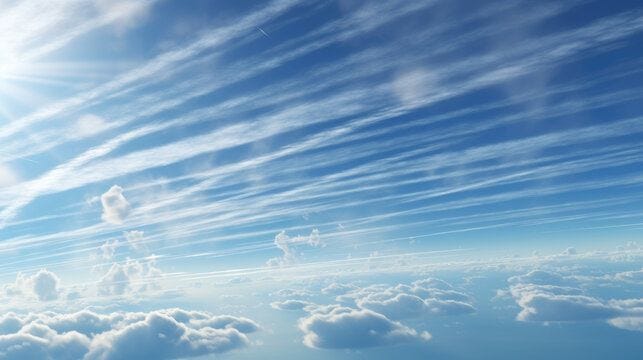 Blue sky above the clouds, with chemtrails