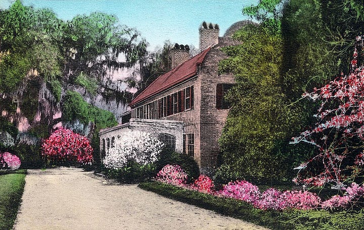 Fenwick Hall sometime after 1933 (left) and a 1920 postcard of Middleton Place (right), courtesy of WikiMedia Commons