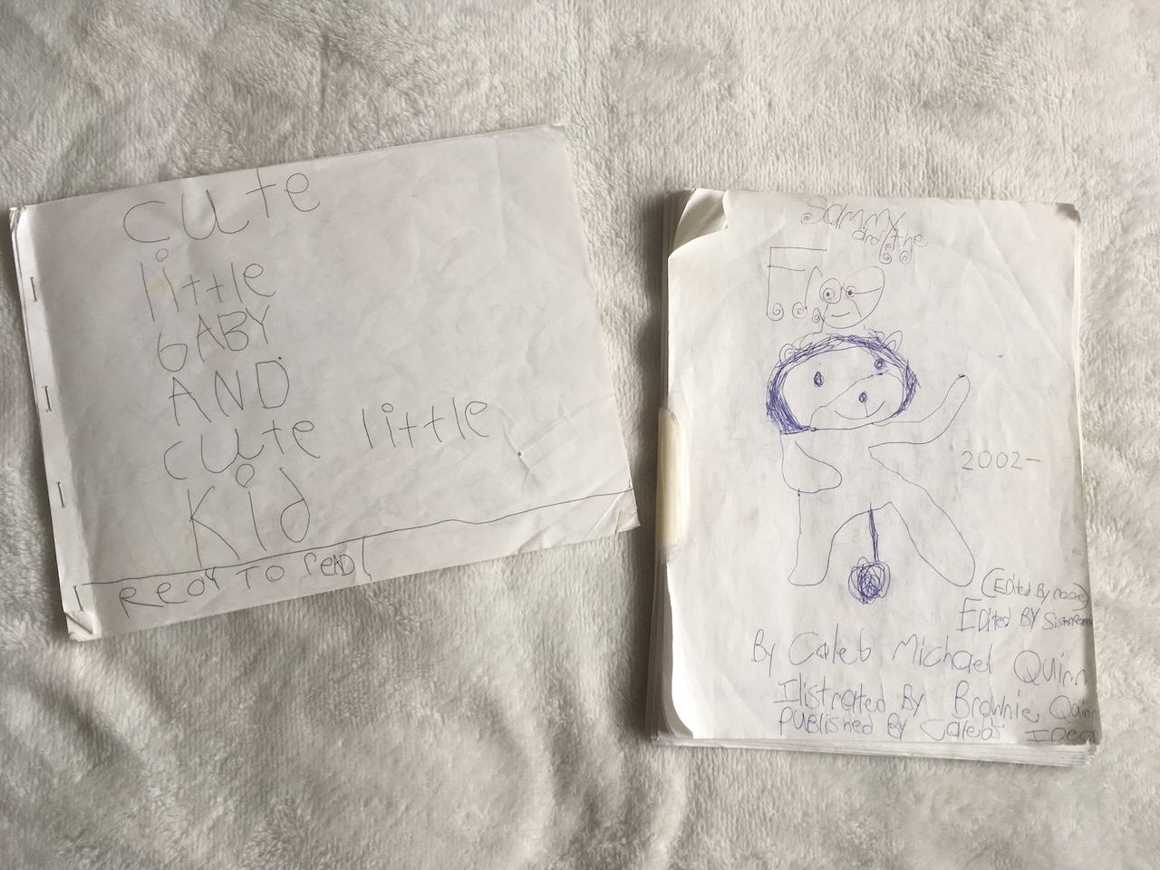 Two homemade handwritten paper books. On the left, "Cute Little Baby and Cute Little Kid," a stapled together book with messy handwriting, and on the right, "Sammy and the Frog," a thicker book bound together with tape, with a drawing of a lion on the front cover with a frog sitting on his head. Two homemade handwritten paper books. On the left, "Cute Little Baby and Cute Little Kid," a stapled together book with messy handwriting, and on the right, "Sammy and the Frog," a thicker book bound together with tape, with a drawing of a lion on the front cover with a frog sitting on his head.