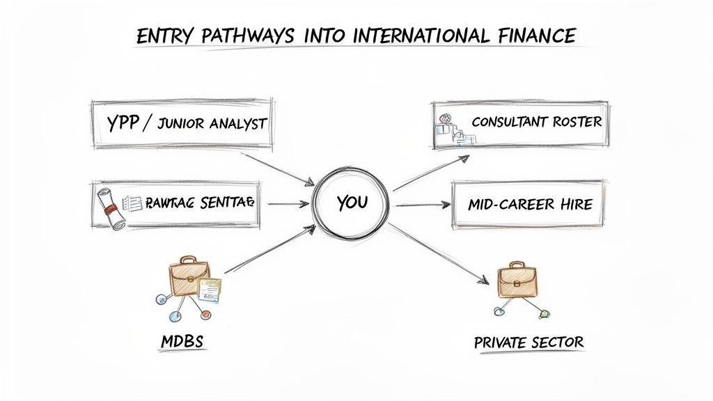 Diagram illustrating various entry and exit pathways into international finance roles, centered around 'YOU'.