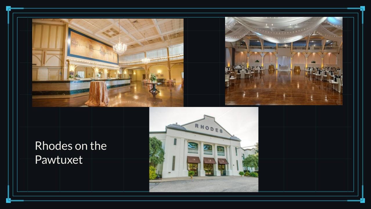 A slide labeled “Rhodes on the Pawtuxet” displays three photographs of the event venue. The images show an ornate interior lobby, a large ballroom with polished wood floors and draped ceilings, and the white columned exterior marked “RHODES.”