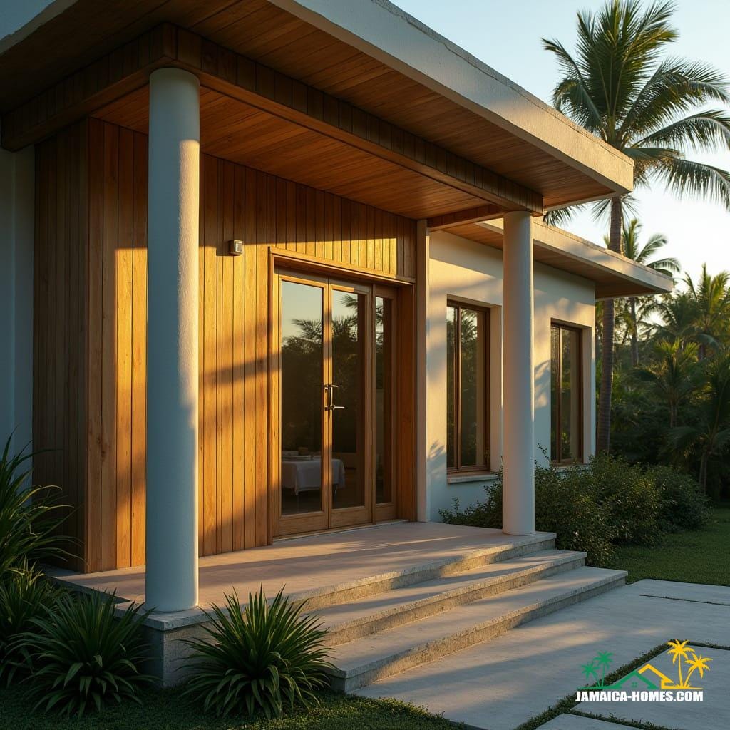 A modern Jamaican home's façade, with a close-up focus on impact-resistant windows and reinforced doors, shot in a cinematic film still style reminiscent of cinematographer Roger Deakins' attention to detail and use of natural light, with the v-raptor XL camera's high-resolution capabilities capturing every nuance of the protective glass reflecting the warm sunlight, the strong and sturdy frame exuding a sense of security and style, inspired by the works of architectural photographers like Julius Shulman and Albert Frey, with a subtle film grain and vignette adding a touch of nostalgia, while the color grading and post-processing enhance the mood and atmosphere, evoking the dramatic and epic feel of a 35mm film, with live-action cinematic lighting that accentuates the textures and materials, resulting in an atmospheric and stunning image.