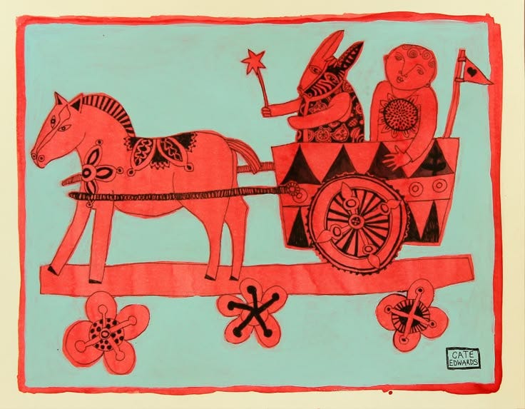 This may contain: a drawing of two people riding in a horse drawn carriage