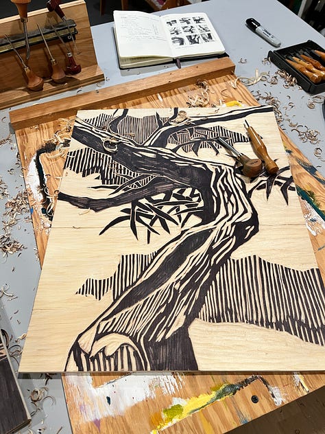Large scale black and white woodcut by artists, Michael Rich