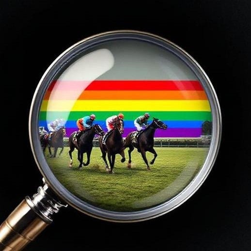Magnifying glass examining jockeys on racetrack against LGBTQ pride rainbow, symbolizing DEI institutional capture in British sport and institutions.