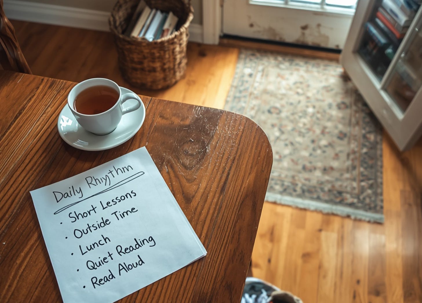 A basket of books and pair of shoes by an open back door. A cup of tea and daily homeschool rhythm is on the edge of the table reading: short lessons, outside time, lunch, quiet reading, read aloud.