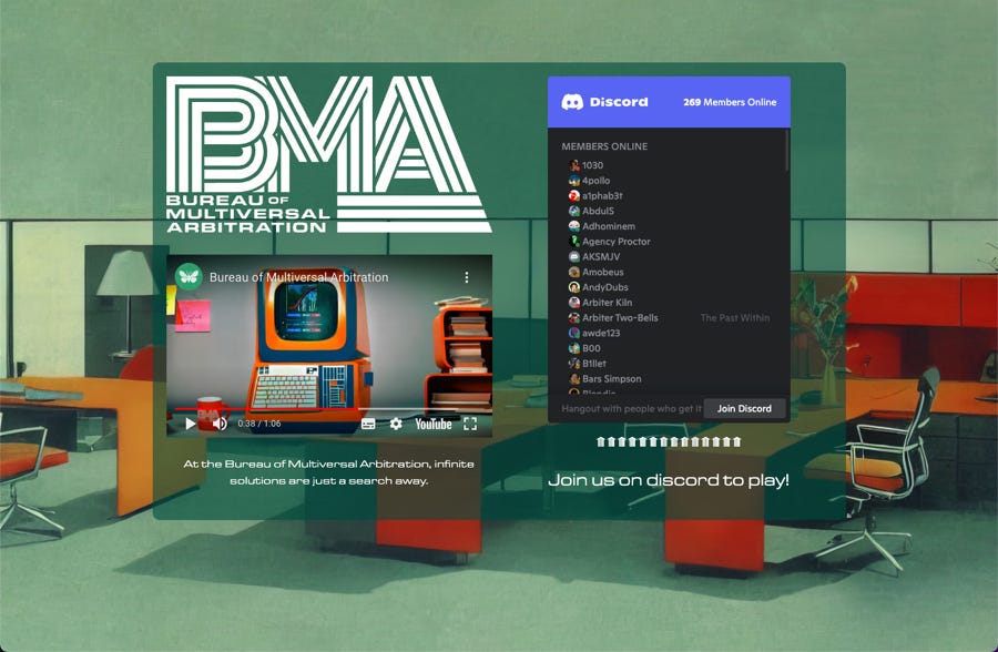 The homepage of an online game called the Bureau of Multiversal Arbitration
