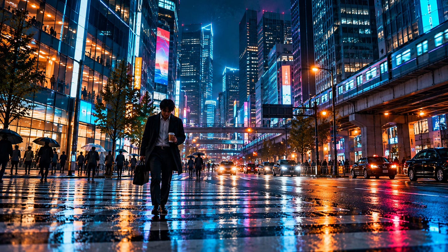 A tired office worker carrying coffee and a briefcase crosses a neon-lit city street on a Monday morning, reflecting the daily commute and workweek routine. A tired office worker carrying coffee and a briefcase crosses a neon-lit city street on a Monday morning, reflecting the daily commute and workweek routine.
