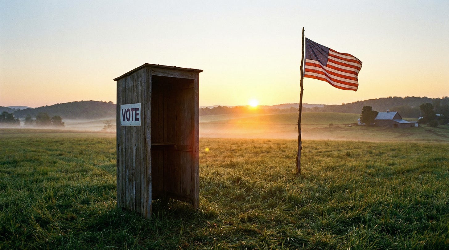 AI-generated illustration of  A single voting booth standing alone in an open field at dawn, American flag on a pole in the background, soft golden light breaking over the horizon. Quiet, dignified, deeply American. 