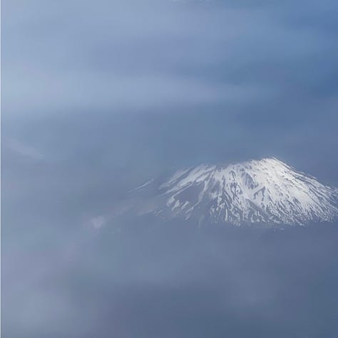 Three photos of Mt St Helens: Left: 2 mountains, Middle: hazy photo, Right: perfectly clear with evidence of the 1980 eruption