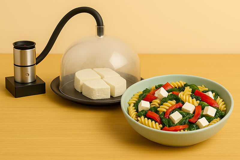 Caș de capră afumat sub clopot cu fum de migdal și de vin roșu