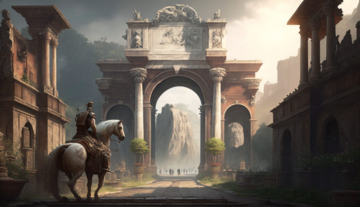 Midjourney prompt: all roads lead to rome during roman empire era triumphant studio