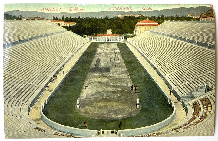 postcard images of Panathenaic Stadium in Athens, empty and full