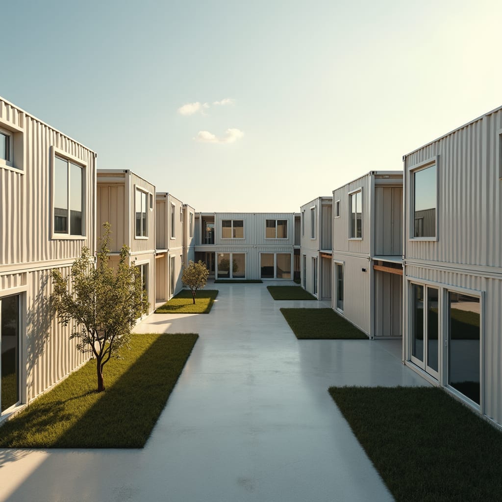 A modern school built entirely from repurposed shipping containers, arranged in a clean and minimalistic design. The containers are painted in neutral tones, with large windows cut into the sides to allow natural light to flood in. Open-air walkways connect the different classrooms, and the layout includes simple outdoor spaces with minimal landscaping. The design is sleek and functional, emphasizing sustainability and efficiency. Minimalist, eco-friendly, modern container architecture.