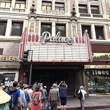 Photos of interiors and exteriors of historic theaters on Broadway in Los Angeles