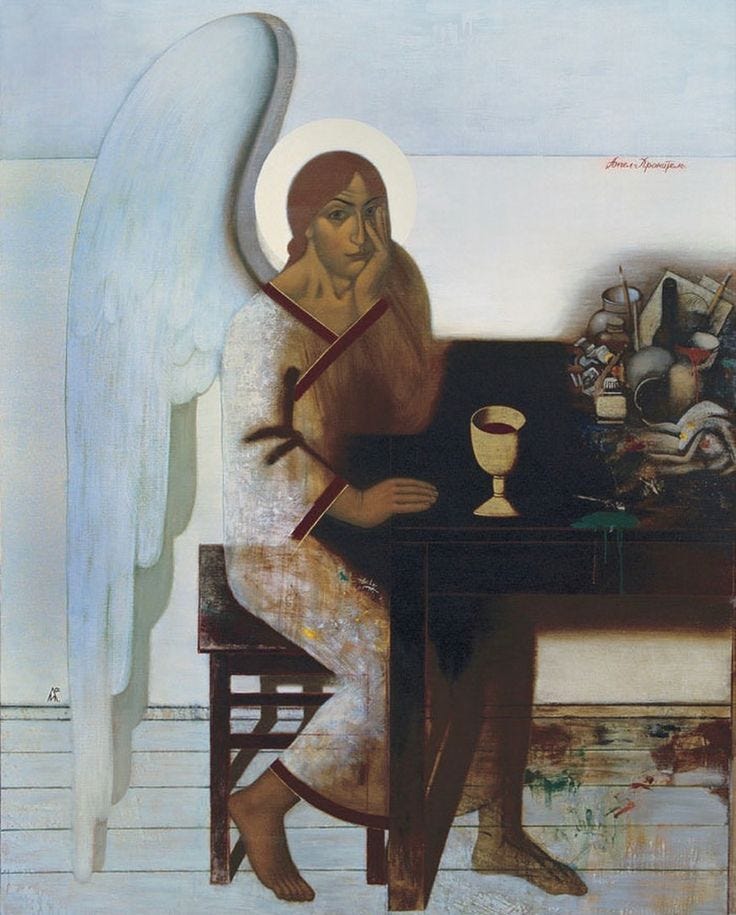 This may contain: an angel sitting at a table with a wine glass in front of him and another cup on the table