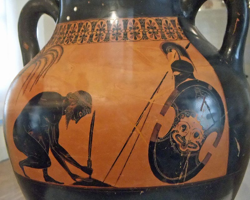 Attic black-figure amphora depicting the suicide of Telamonian Ajax. Attic black-figure amphora depicting the suicide of Telamonian Ajax.